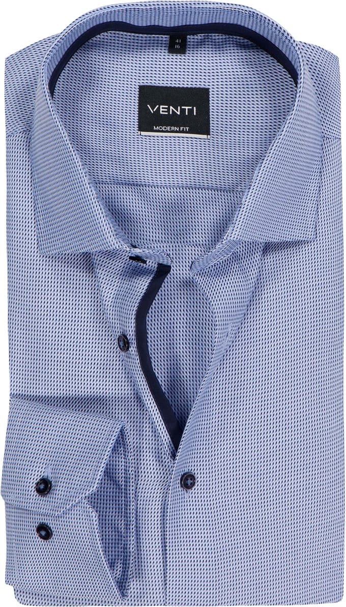 VENTI modern fit overhemd - dobby - blauw - Strijkvrij - Boordmaat: 46