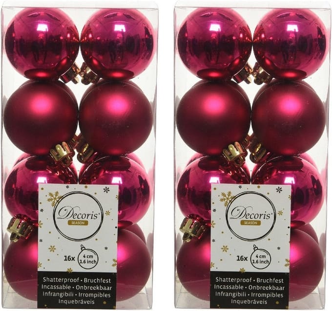 Decoris kleine kerstballen - 32x st - bessen roze - 4 cm - kunststof - kerstversiering