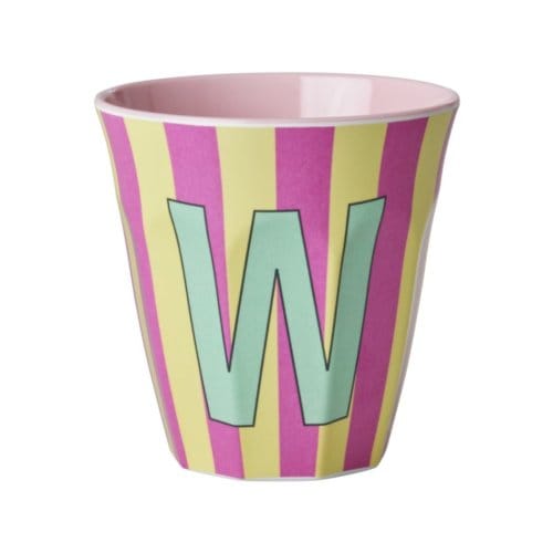 Rice melamine beker medium gestreept letter w, roze