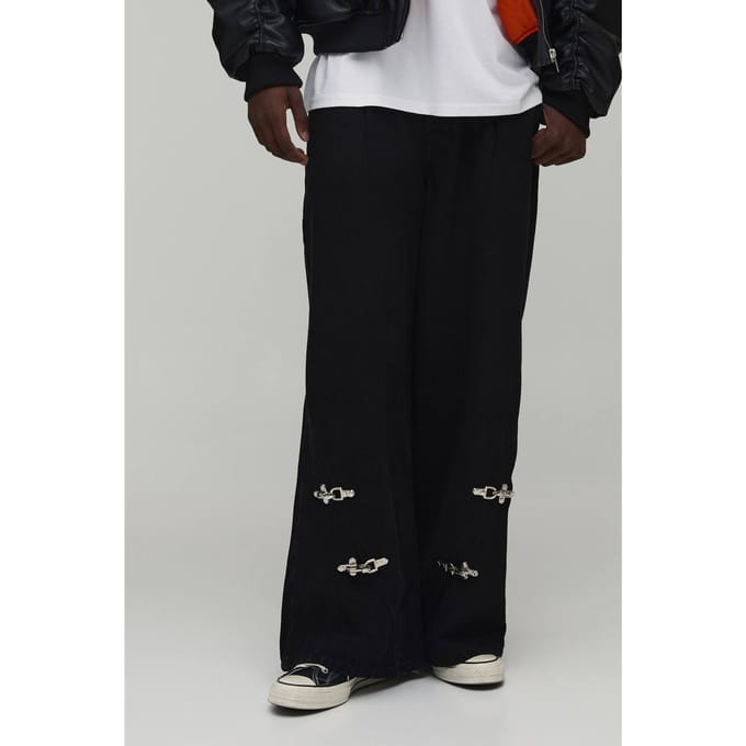 Clasp Detail Super Baggy Jeans | Washed Black | Size 52R