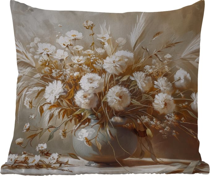 Buitenkussen - Bloemen - Vaas - Stilleven - Beige - 45x45 cm - Weerbestendig