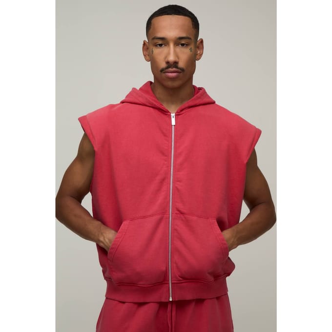 Oversized Boxy Mouwloze Hoodie Met Schoudervulling, Washed Look En Rits | Red | Size Medium