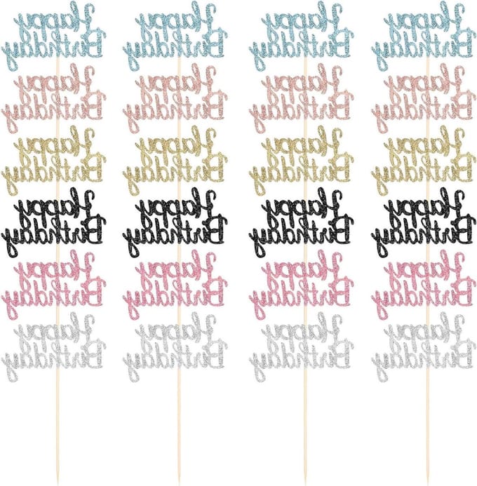 SolidKeus - Set van 24 Happy Birthday Cupcake Toppers Glitter