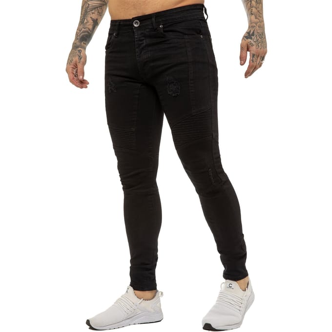 Enzo | Heren Skinny Stretch Biker Denim Jeans - Zwart