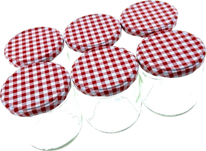 Glazen Jampot - 425 ml - Rood/Wit Geruite Schroefdeksel - 18 Stuks