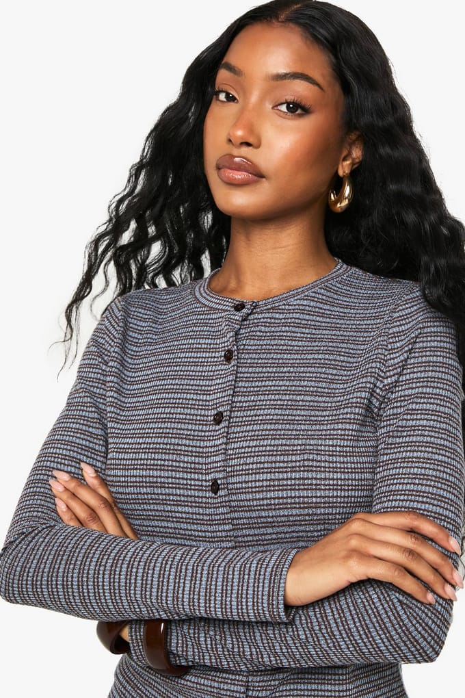 boohoo Dames Gestreepte jersey top met knoopdetails | Chocolate | Maat: 8