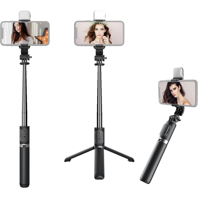 Multifunctionele Draadloze BT Selfiestick Draagbaar Uitschuifbaar Statiefstandaard met Invullicht 104.5cm zwart