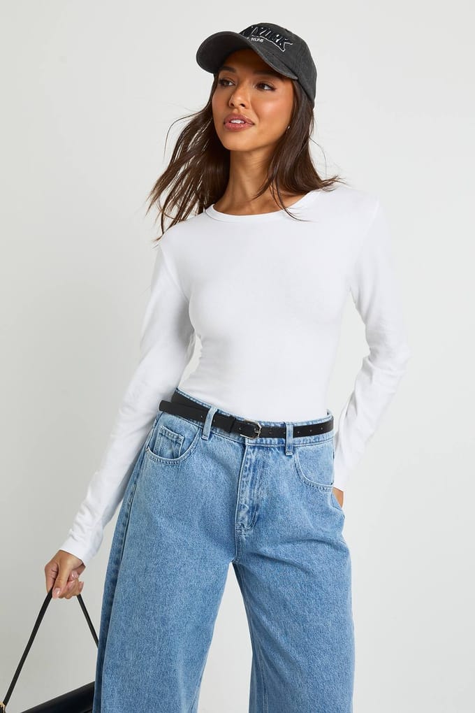 boohoo Dames Top met lange mouwen, aansluitend en lang gesneden | Wit | Maat: 36