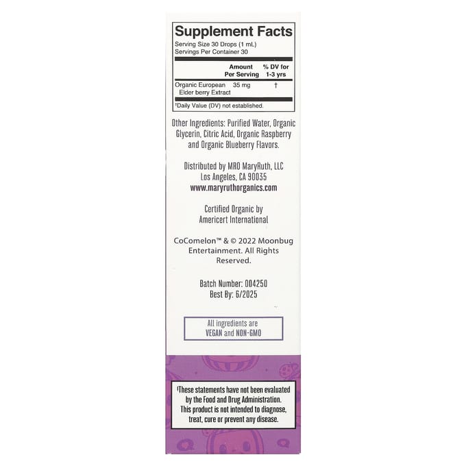 MaryRuth's, Cocomelon, Gouttes Liquides de Sureau pour Tout-Petits, 1-3 Ans, Myrtille et Framboise, 1 fl oz (30 ml)