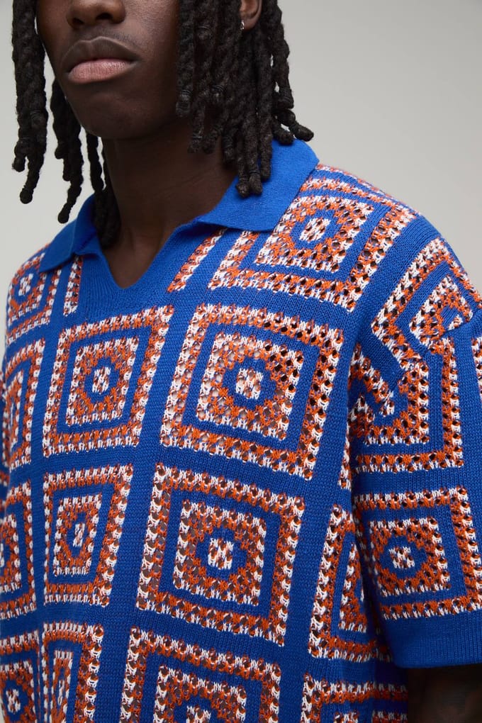 Oversized Boxy Gebreide Polo En Short Set Met Gehaakte Patches | Orange | Size Medium