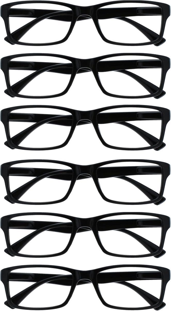 OPULIZE Pep Reading Glasses, Pack of 6, Classic Everyday Use Rectangular Frame, Scratch-Resistant Spring Hinges, for Men and Women, RRRR92 + 3.00