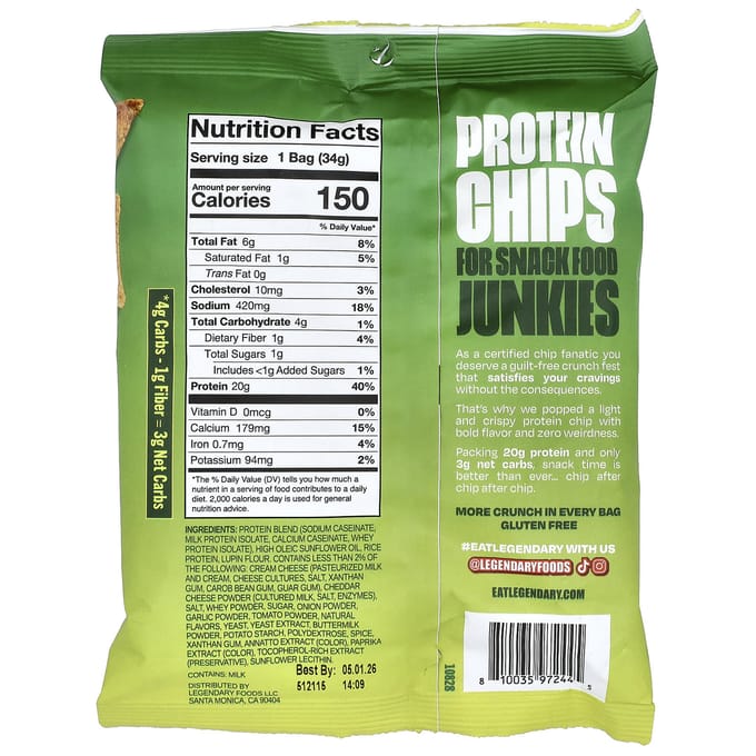 Legendary Foods, Gebakken Eiwitchips, Jalapeño Cheddar, 1.2 oz (34 gr)