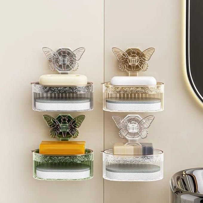 Porte-savon à ventouse, Design papillon, boîte à savon Double couche, support de Drainage d'éponge, étagère de rangement de savon sans perçage noir