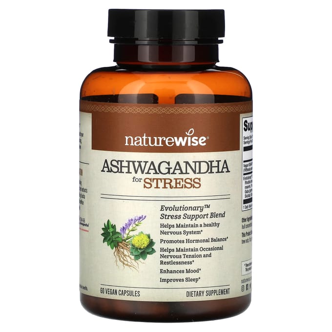 NatureWise, Ashwagandha voor stress, 60 plantaardige capsules