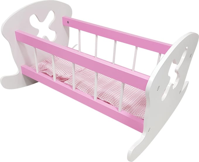 Playwood Poppenbedje - Hout - Wit met Roze inclusief bekleding