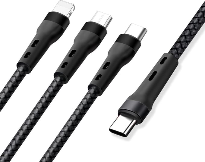 Multi oplader kabel USB-C naar USB-C / Micro-USB / 8-pin- snelladen - - geschikt voor Lightning - adapter geschikt voor o.a. iPhone en Samsung - 1,3 meter - zwart