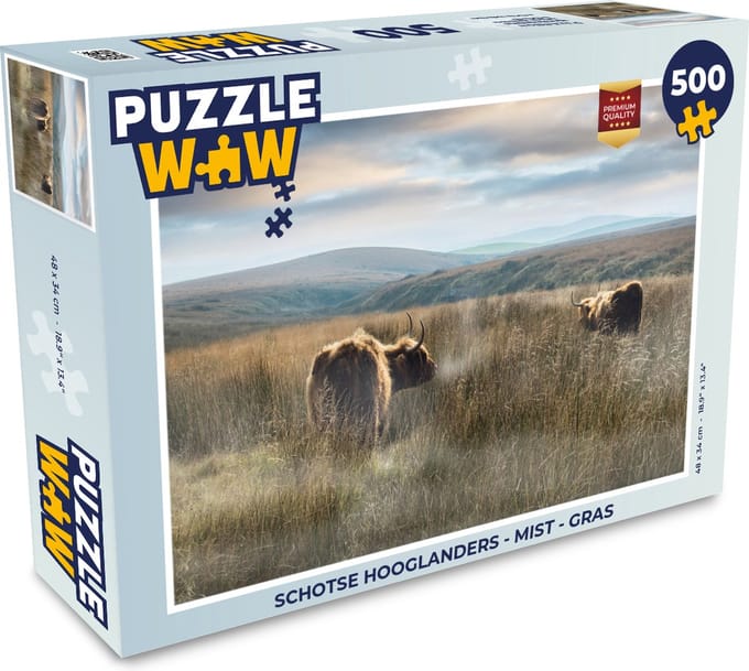 Puzzel Schotse Hooglanders - Mist - Gras - Legpuzzel - Puzzel 500 stukjes