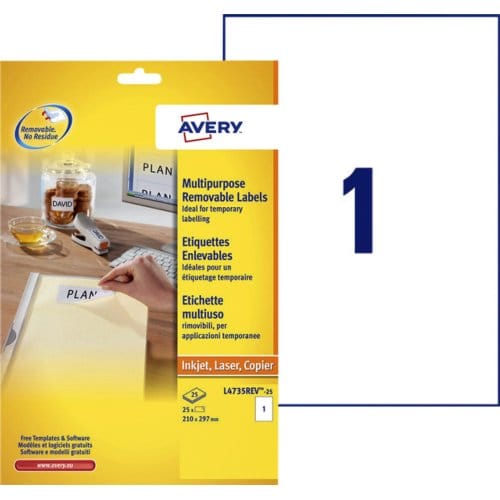 Etiket avery l4735rev-25 210x297mm a4 wit 25 Etiketten