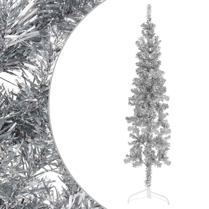 vidaXL - Kunstkerstboom - half - met - standaard - smal - 120 - cm - zilverkleurig