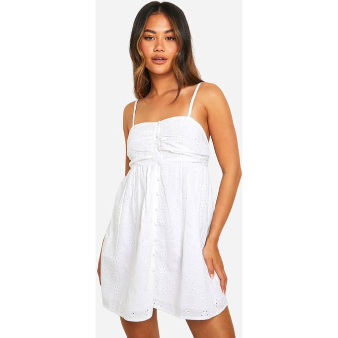 boohoo Dames Broderie Button Down Mini Jurk | Wit | Maat: 40