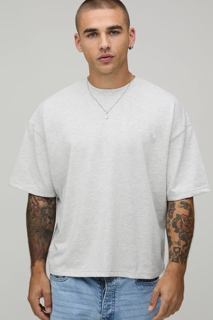 Oversized Boxy Heavyweight T-shirt Met Geborduurd Bloemenpatroon | Grey Marl | Size Medium