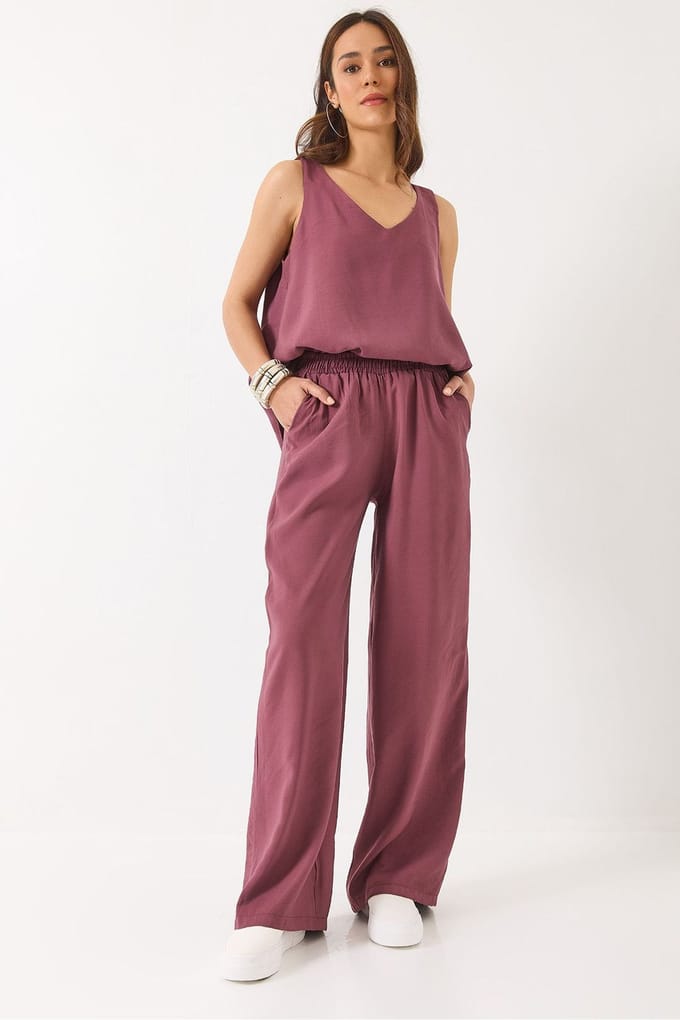 V-hals Katoenen Blouse-Broek Tweedelig Set