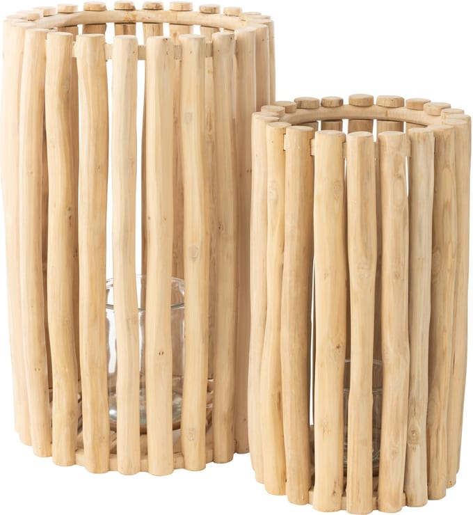 J-Line lantaarn - hout - naturel - set van 2