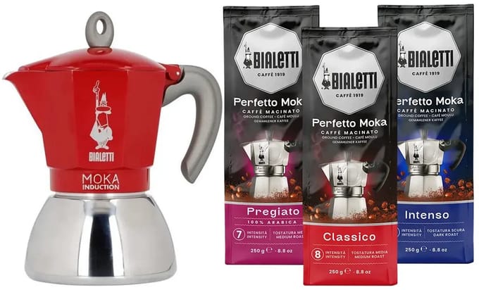 Bialetti Moka Inductie Rood - 2-kops - 100ml + Bialetti Koffie Proefpakket 3 x 250gr