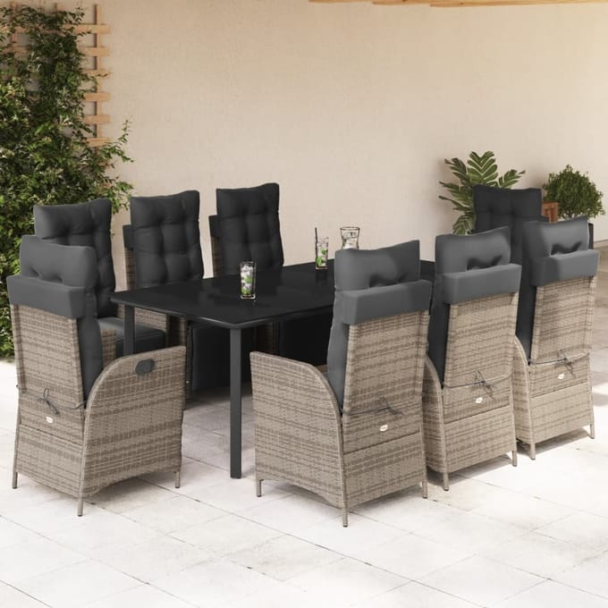 vidaXL - 9-delige - Tuinset - met - kussens - poly - rattan - grijs