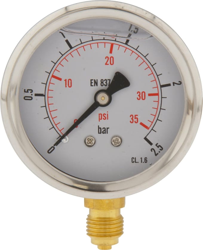 0..2.5 Bar Glycerine Manometer Onderaansluiting RVS/Messing 63 mm Klasse 1.6 - ML02P563SVG