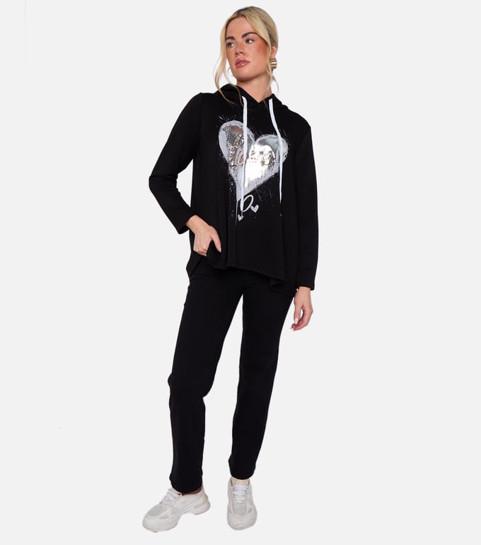 Zwarte oversized A-lijn top met capuchon en hartprint