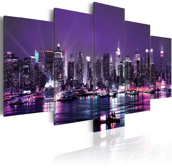 Schilderij - Paarse Nacht over New York , 5 luik