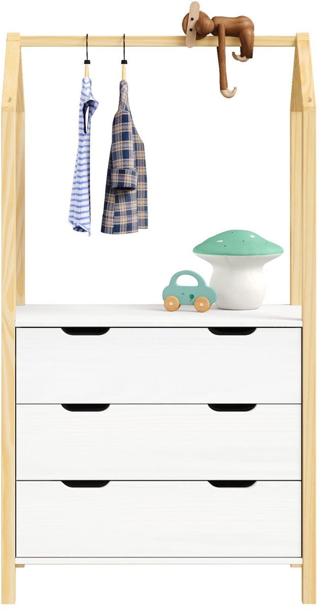 Kinderkamer-ladekast AMIRA met kledingstang – naturel/wit