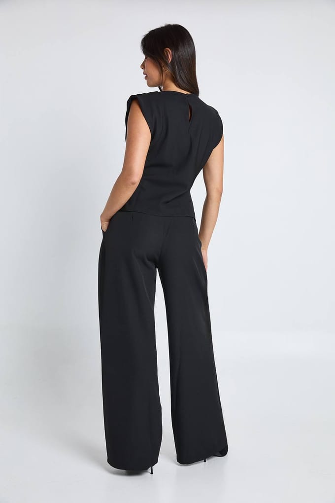boohoo Dames Geplooide ingesnoerde top & palazzo-broek co-ord | Zwart | Maat: 42