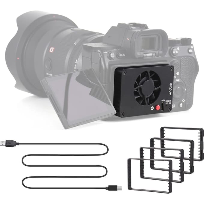 Andoer FS-04B camerakoelventilator extern koelsysteem met 2 ventilatorsnelheden 4 stuks montageadapter zwart