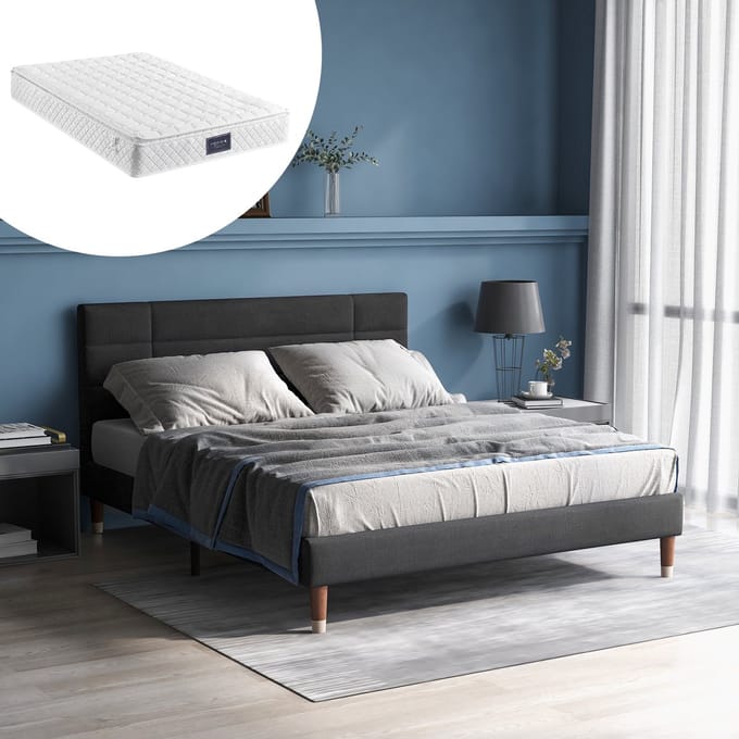 REDOM Bedframe 140x200 cm – Linnen grijs – Met 8 cm dik hoofdbord & opbergruimte – Stevig