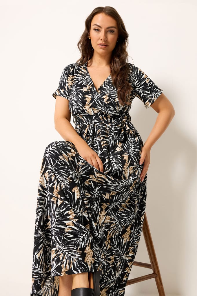 Yours Zwarte Maxi Wikkeljurk Met Bladprint Size 48
