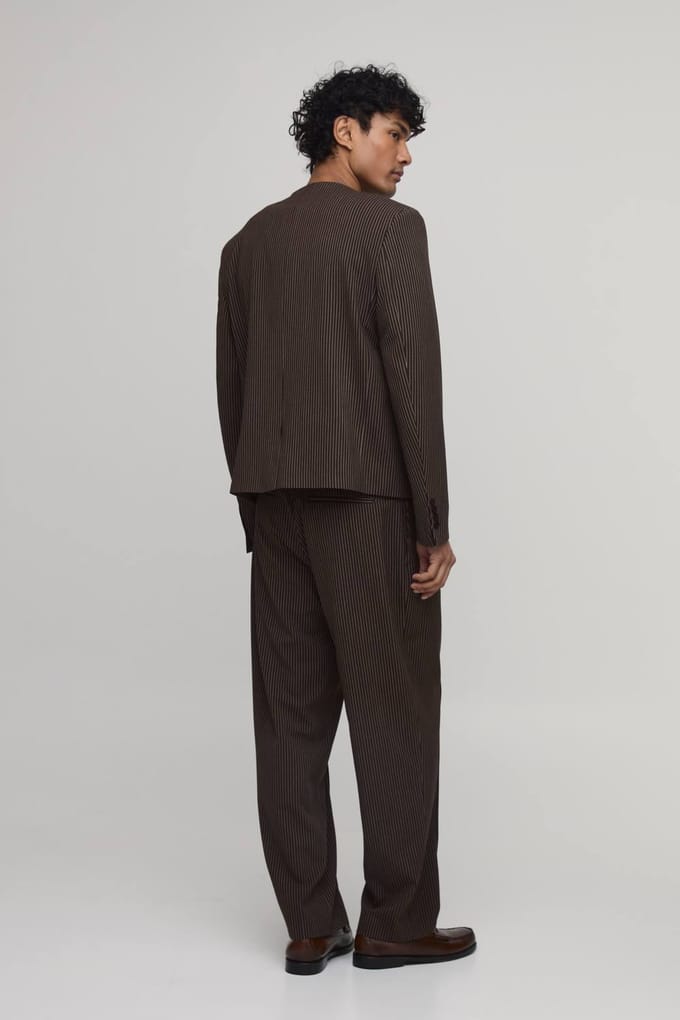 Krijtstreep Oversized Boxy Kraagloze Blazer | Chocolate | Size 40