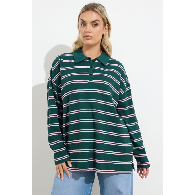 Yours Teal Blue & Pink Stripe Waffle Rugby Collar Top Size 44