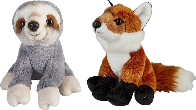 Ravensden - Bosdieren pluche knuffels - 2x stuks - Vos en Luiaard - 15 cm