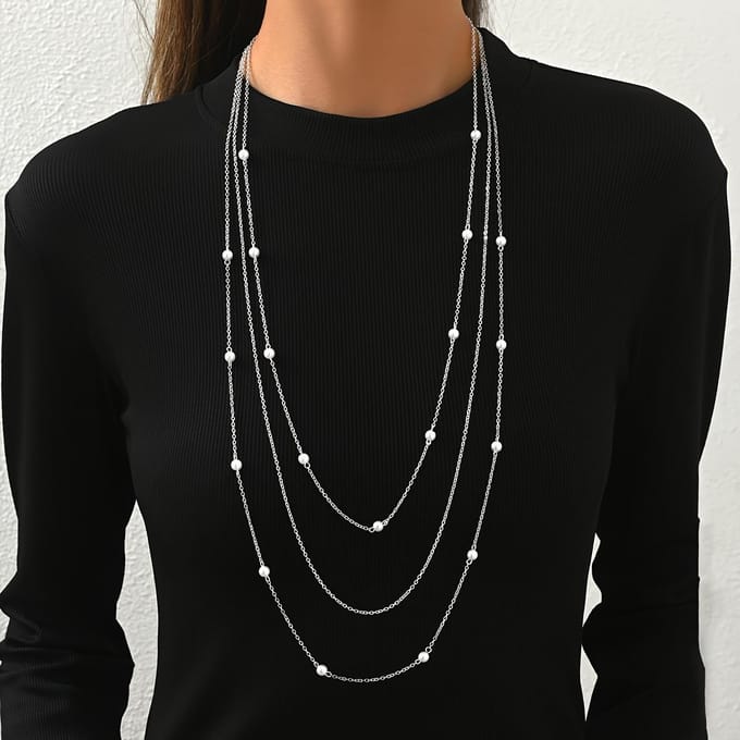 Modieuze Elegante Herfst en winter Imitatie Parel gelaagde Damesketting, geometrische trendy trui ketting ketting brown