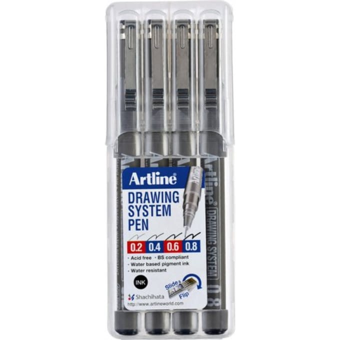 ARTLINE Drawing System - 1 x etui van 4 Fineliners - 0.2-0.4-0.6-0.8mm Lijndiktes - Zwart