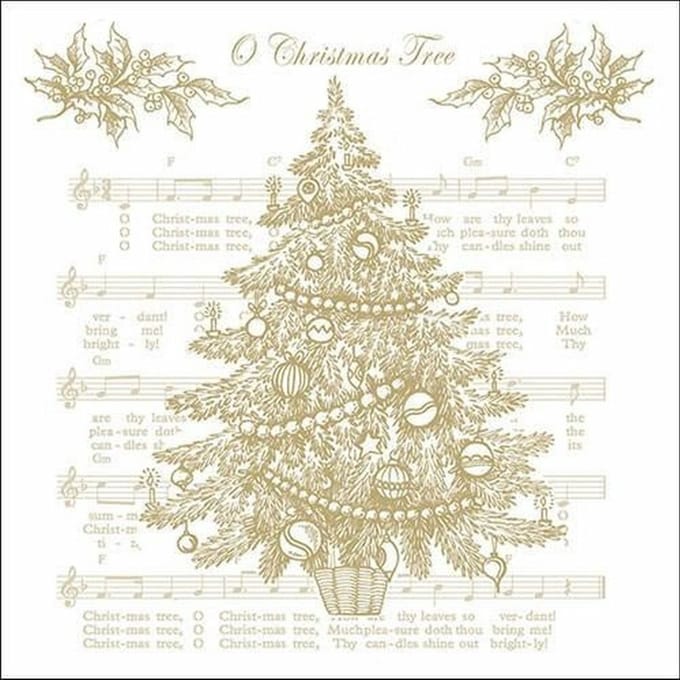 Ambiente kerst thema servetten - 60x st - 33 x 33 cm - wit/goud - muziek - kerstboom