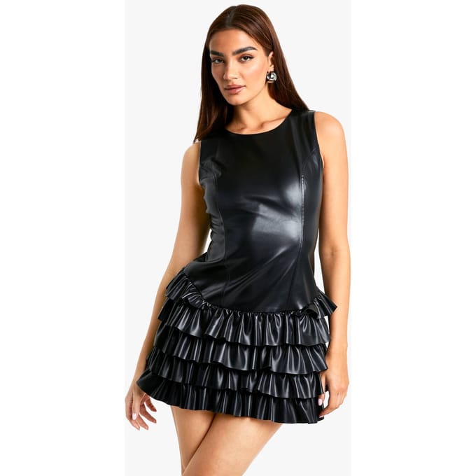 boohoo Dames PU Ruffle Hem Mini Jurk | Zwart | Maat: 36
