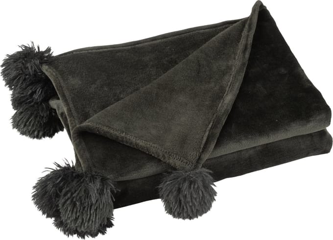 J-Line plaid Pompom - polyester - zwart - 170 x 130 cm