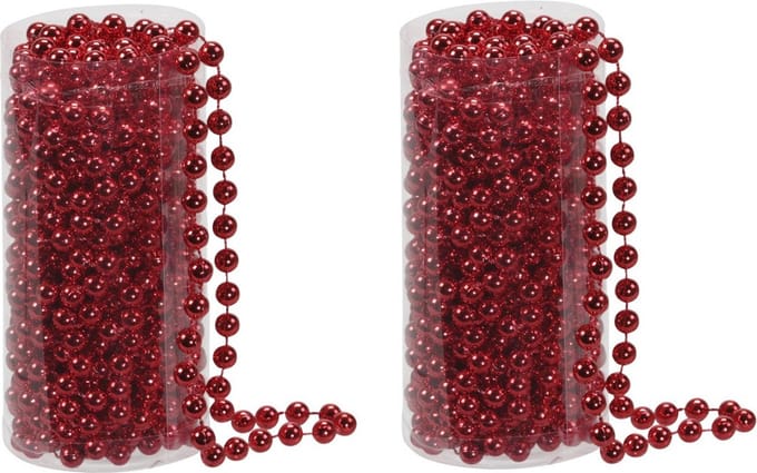 Kralenslinger - 2x - rood - kunststof - 8 meter - kerstboomversiering - kerstversiering - kerstslingers