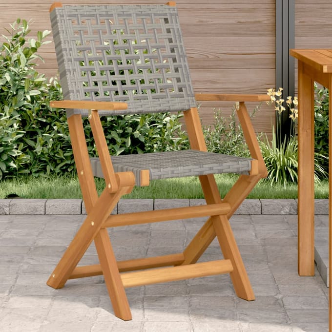 vidaXL - Opklapbare - stoelen, - 2 - stuks, - grijs, - massief - acaciahout - en - polyrotan.