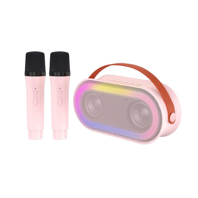 Mini BT Karaoke Machine Karaoke Speaker met Draadloze Microfoons Verblindend Kleurlichteffect voor 2 mics roze