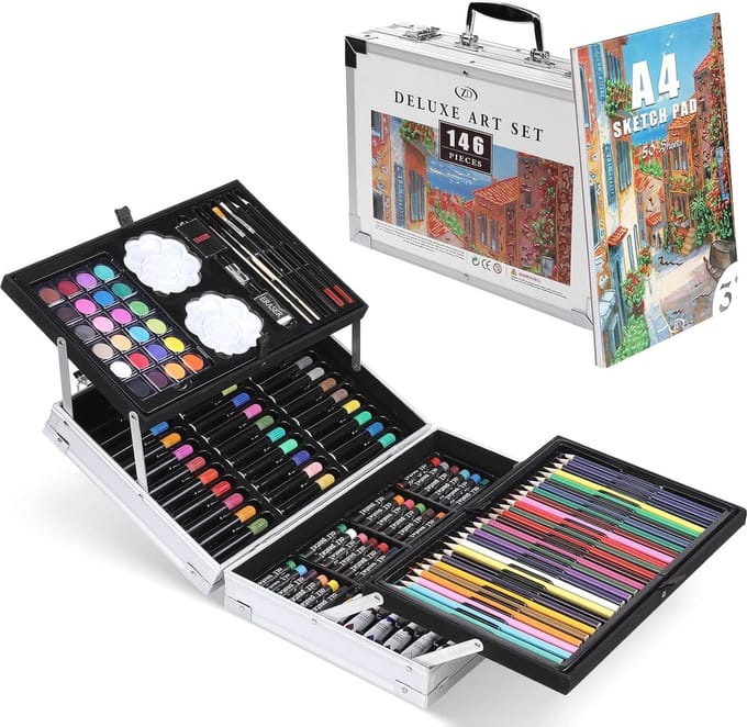 146-delige Kunstset met Kleurpotloden, Markers, Verf en Schetsblok