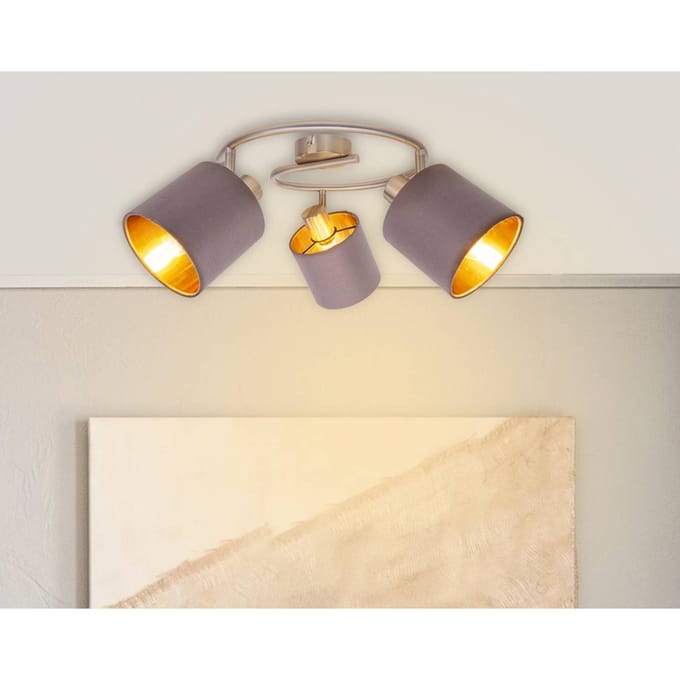 Plafondlamp Wandlamp "Maron" 52cm lengte 3 spots E14 Chroom Textiel Bruin